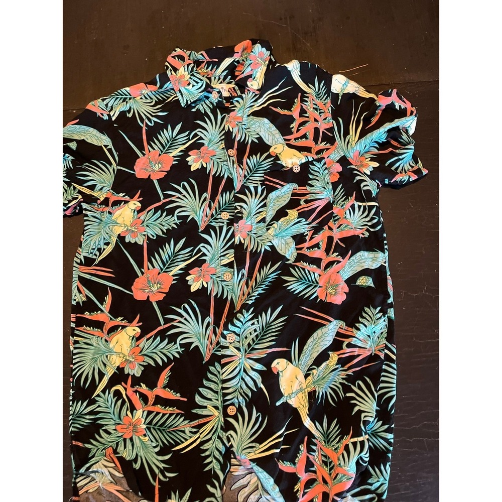 Lauikai Surf Tropical‎ Parrot Print Button Down Shirt, Hawaiian Palm Leaf